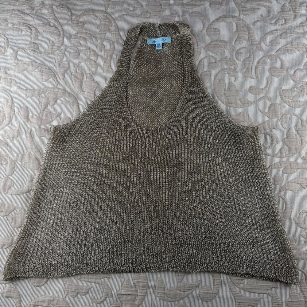 She + Sky Womens Metallic Gold Knit Halter Tank Top Size M/L Festival Beach